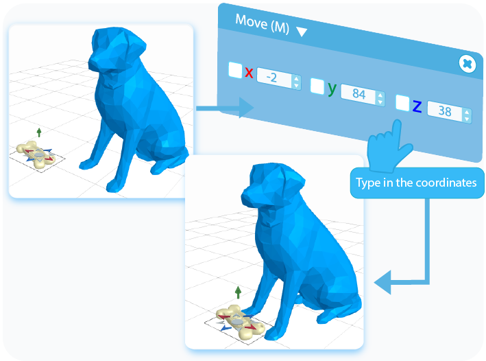 Moving the object to a desired location by typing in the coordinates into the text-boxes